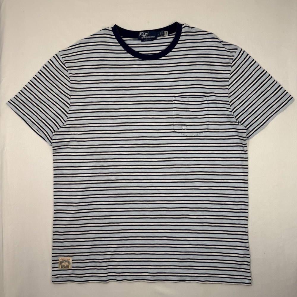 Polo Country Ralph Lauren Classic Fit Striped Gauze Jersey T-Shirt Mens L Blue